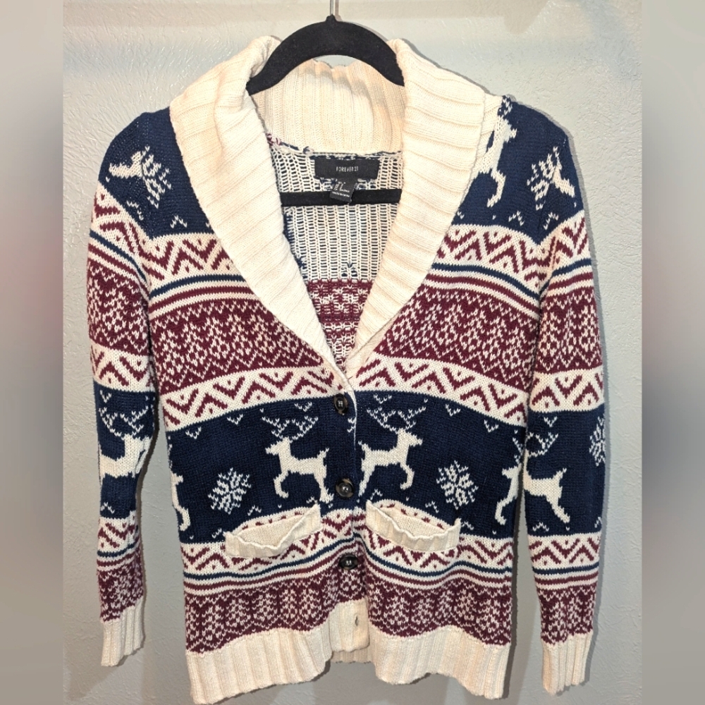 Forever 21 Blue and White Reindeer Cardigan